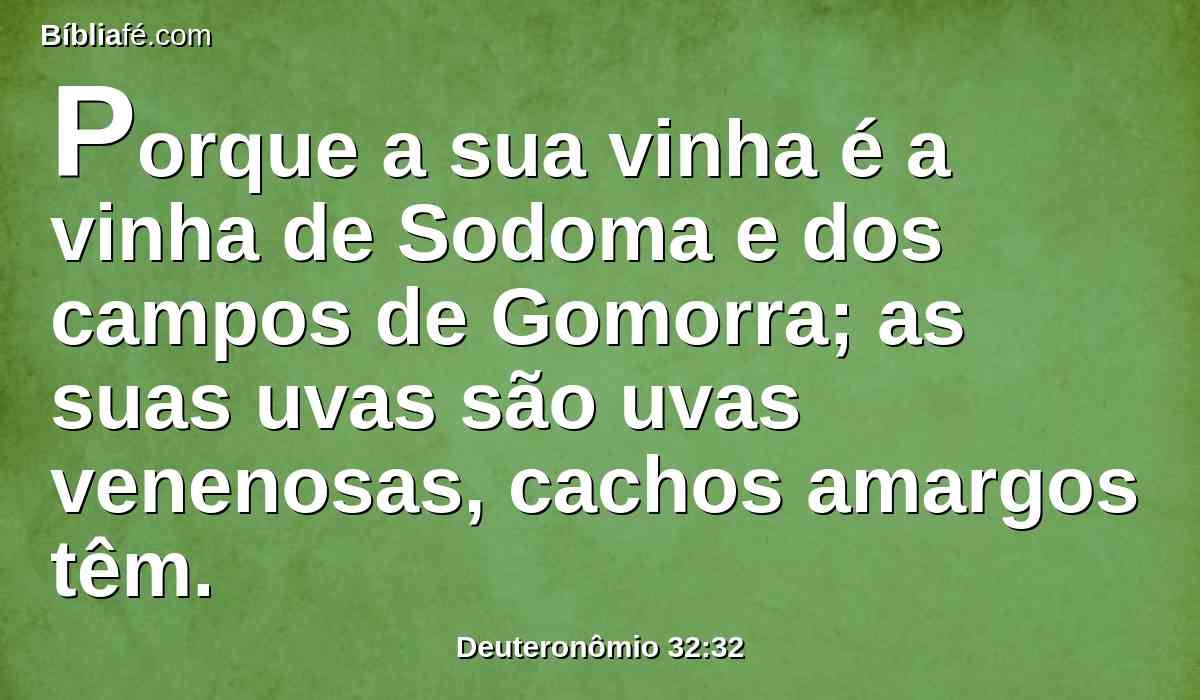 Porque a sua vinha é a vinha de Sodoma e dos campos de Gomorra; as suas uvas são uvas venenosas, cachos amargos têm.