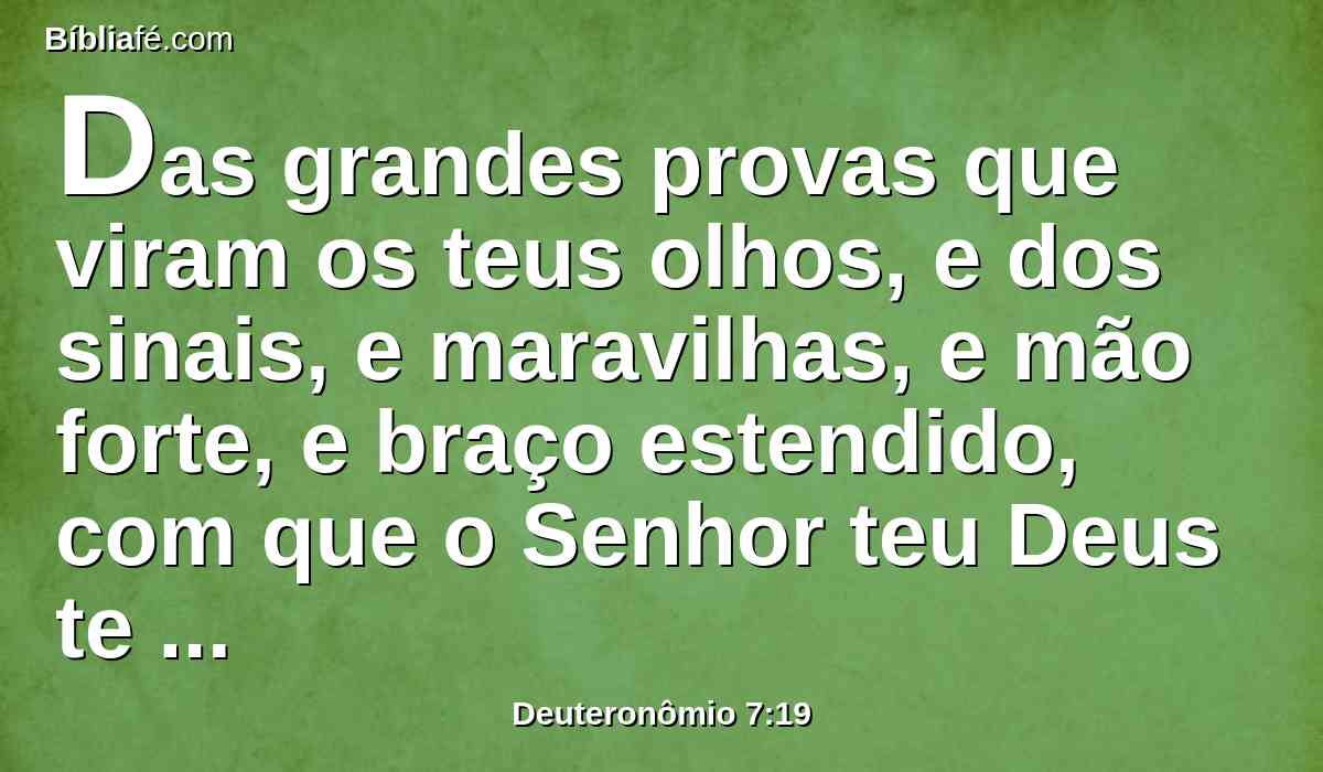 Das grandes provas que viram os teus olhos, e dos sinais, e maravilhas, e mão forte, e braço estendido, com que o Senhor teu Deus te tirou; assim fará o Senhor teu Deus com todos os povos, diante dos quais tu temes.