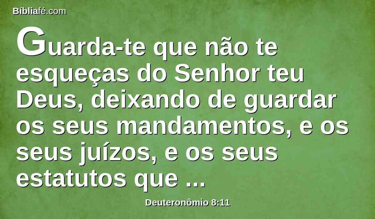 Guarda-te que não te esqueças do Senhor teu Deus, deixando de guardar os seus mandamentos, e os seus juízos, e os seus estatutos que hoje te ordeno;