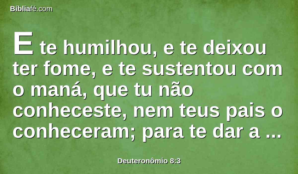 E te humilhou, e te deixou ter fome, e te sustentou com o maná, que tu não conheceste, nem teus pais o conheceram; para te dar a entender que o homem não viverá só de pão, mas de tudo o que sai da boca do Senhor viverá o homem.