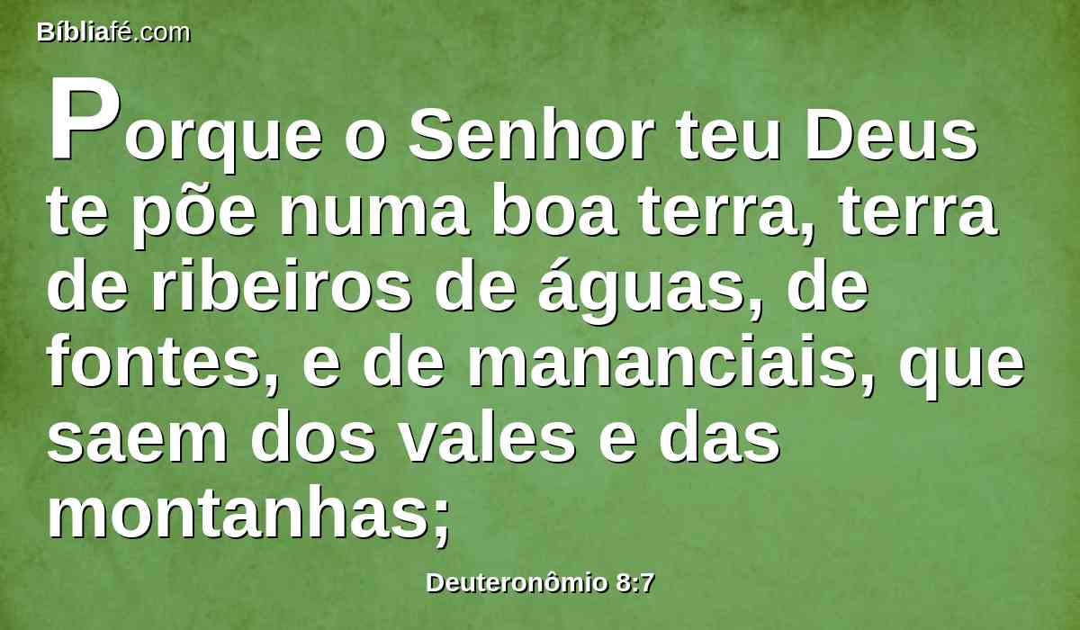 Porque o Senhor teu Deus te põe numa boa terra, terra de ribeiros de águas, de fontes, e de mananciais, que saem dos vales e das montanhas;