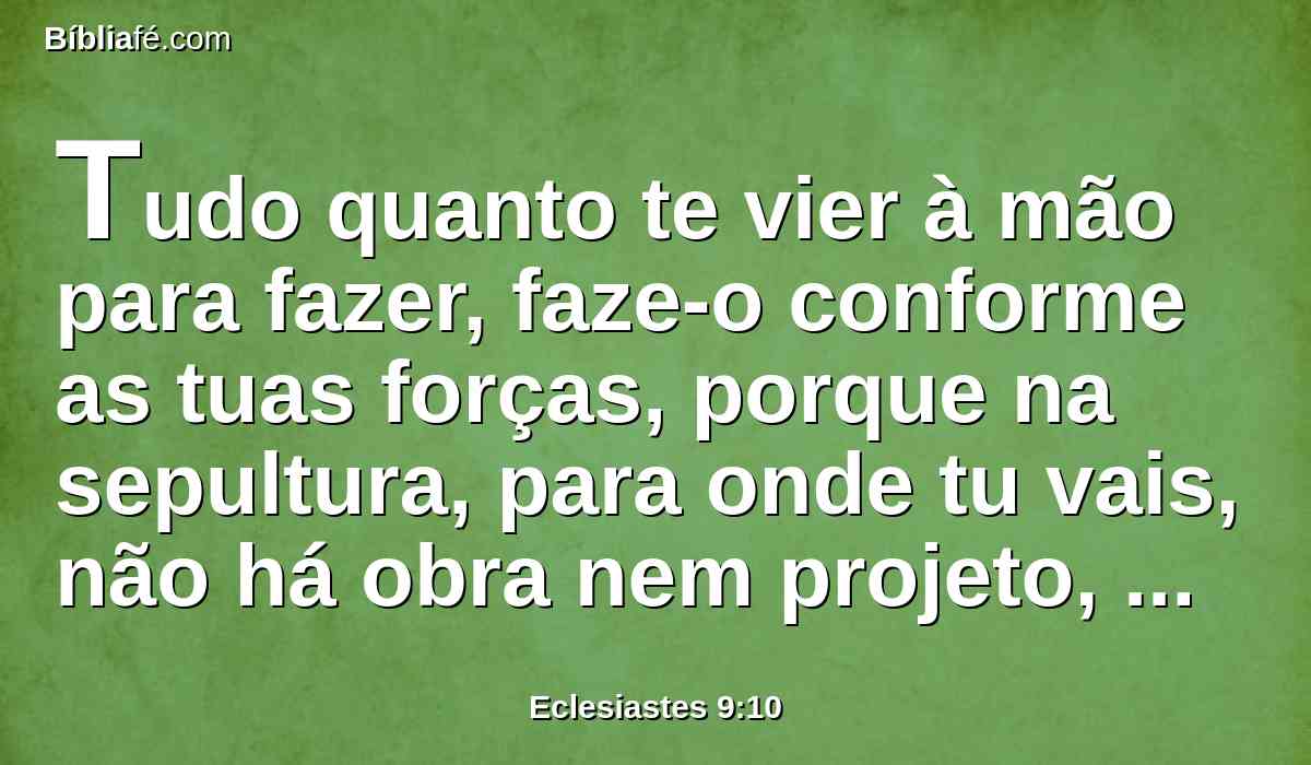 Tudo quanto te vier à mão para fazer, faze-o conforme as tuas forças, porque na sepultura, para onde tu vais, não há obra nem projeto, nem conhecimento, nem sabedoria alguma.