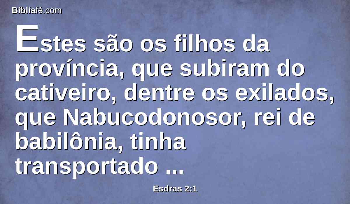 Estes são os filhos da província, que subiram do cativeiro, dentre os exilados, que Nabucodonosor, rei de babilônia, tinha transportado a babilônia, e tornaram a Jerusalém e a Judá, cada um para a sua cidade;