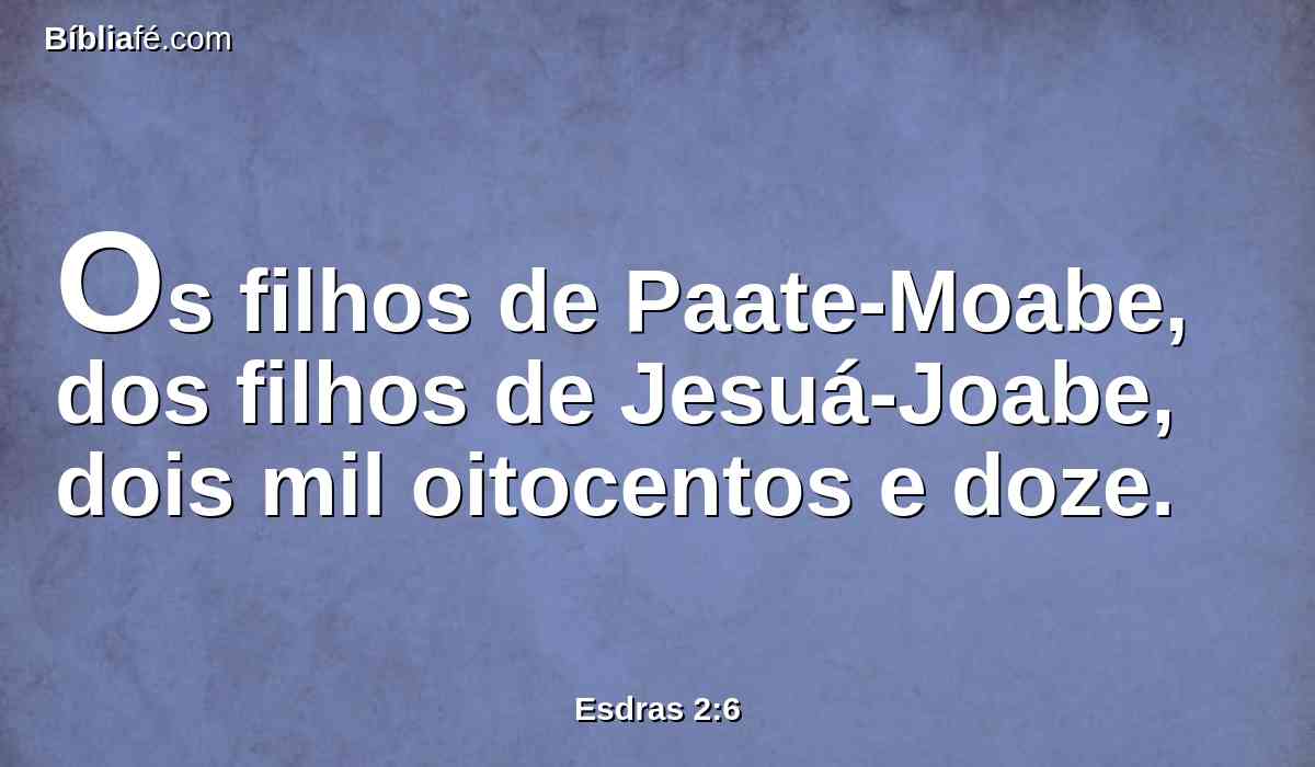 Os filhos de Paate-Moabe, dos filhos de Jesuá-Joabe, dois mil oitocentos e doze.