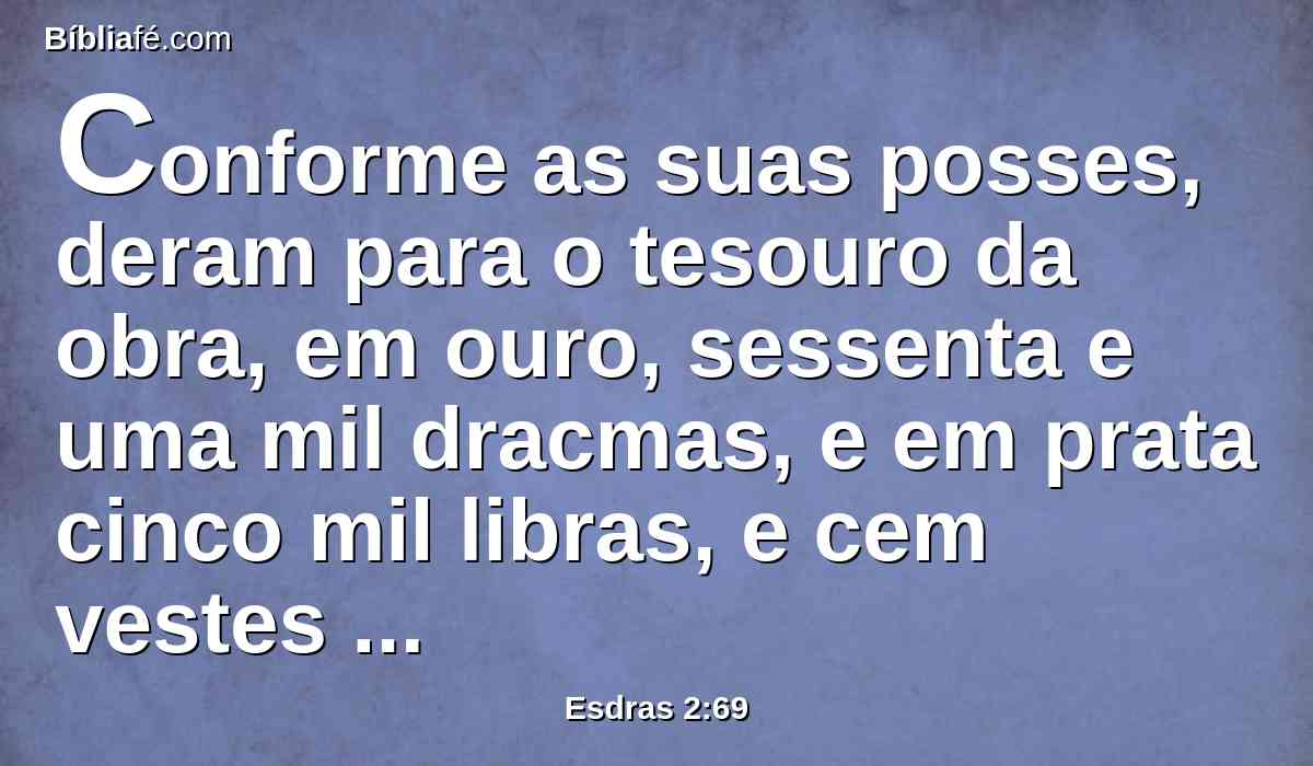 Conforme as suas posses, deram para o tesouro da obra, em ouro, sessenta e uma mil dracmas, e em prata cinco mil libras, e cem vestes sacerdotais.