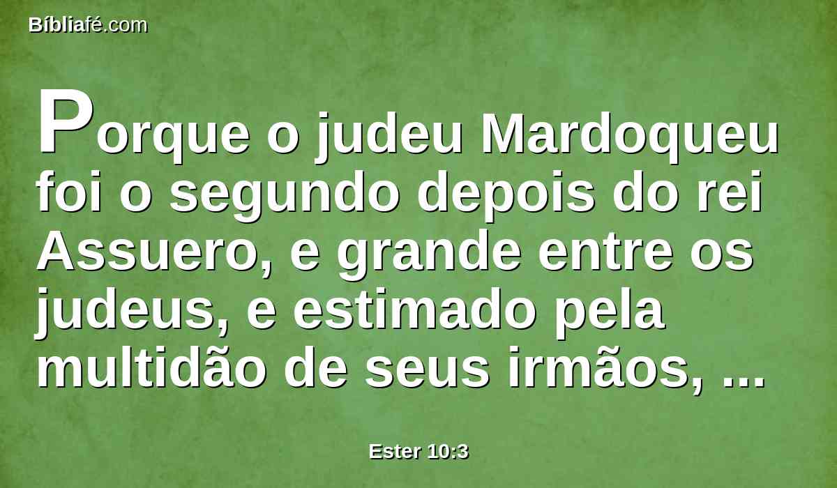 Porque o judeu Mardoqueu foi o segundo depois do rei Assuero, e grande entre os judeus, e estimado pela multidão de seus irmãos, procurando o bem do seu povo, e proclamando a prosperidade de toda a sua descendência.