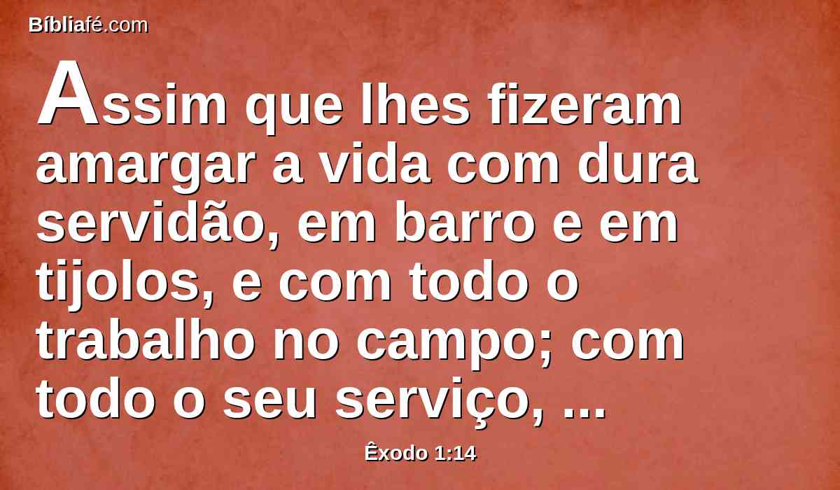 Assim que lhes fizeram amargar a vida com dura servidão, em barro e em tijolos, e com todo o trabalho no campo; com todo o seu serviço, em que os obrigavam com dureza.