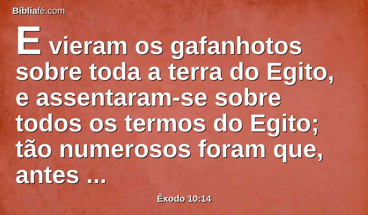 E vieram os gafanhotos sobre toda a terra do Egito, e assentaram-se sobre todos os termos do Egito; tão numerosos foram que, antes destes nunca houve tantos, nem depois deles haverá.