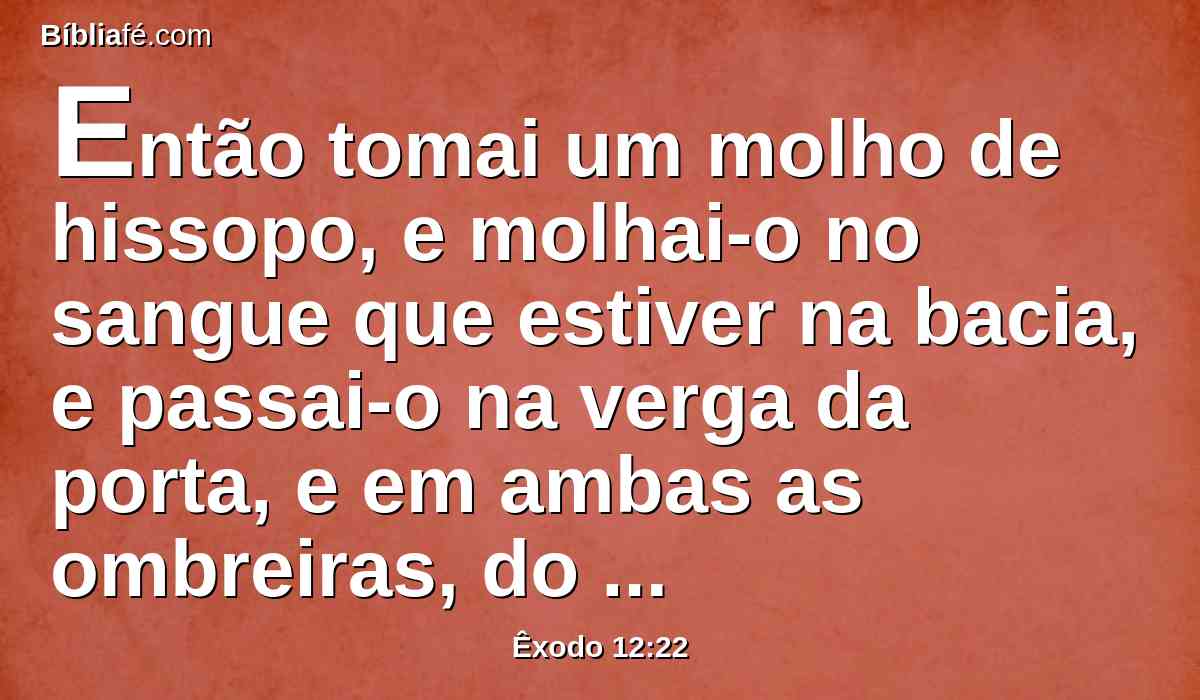 Então tomai um molho de hissopo, e molhai-o no sangue que estiver na bacia, e passai-o na verga da porta, e em ambas as ombreiras, do sangue que estiver na bacia; porém nenhum de vós saia da porta da sua casa até à manhã.