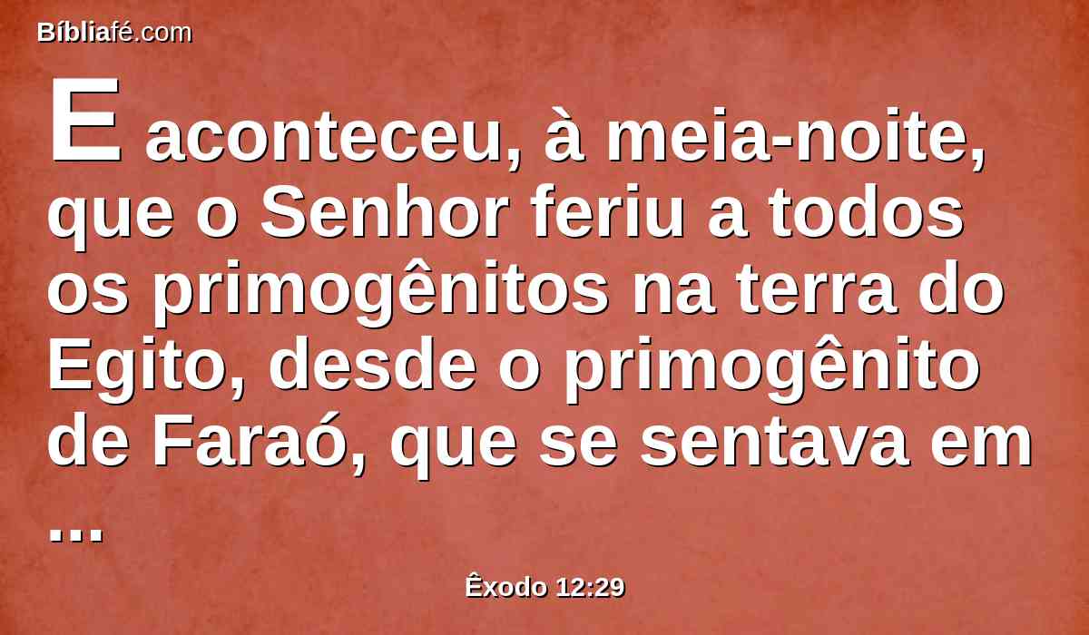 E aconteceu, à meia-noite, que o Senhor feriu a todos os primogênitos na terra do Egito, desde o primogênito de Faraó, que se sentava em seu trono, até ao primogênito do cativo que estava no cárcere, e todos os primogênitos dos animais.