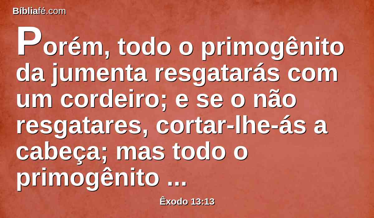 Porém, todo o primogênito da jumenta resgatarás com um cordeiro; e se o não resgatares, cortar-lhe-ás a cabeça; mas todo o primogênito do homem, entre teus filhos, resgatarás.