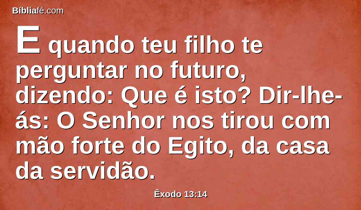 E quando teu filho te perguntar no futuro, dizendo: Que é isto? Dir-lhe-ás: O Senhor nos tirou com mão forte do Egito, da casa da servidão.