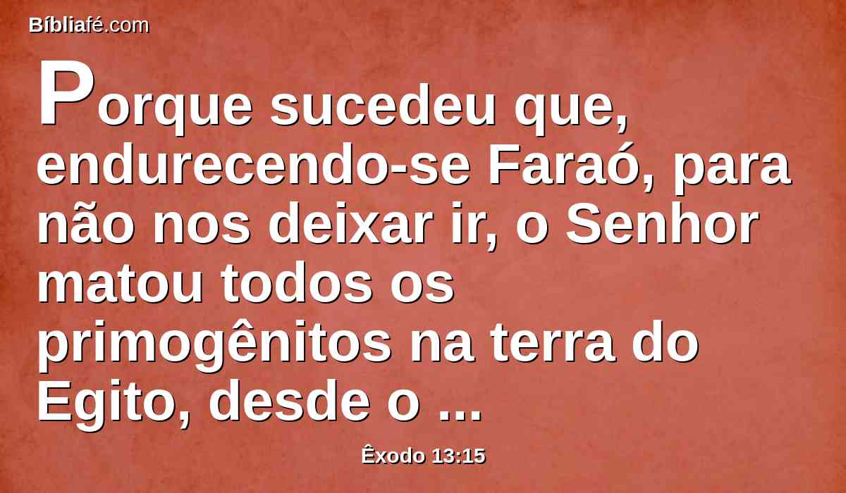 Porque sucedeu que, endurecendo-se Faraó, para não nos deixar ir, o Senhor matou todos os primogênitos na terra do Egito, desde o primogênito do homem até o primogênito dos animais; por isso eu sacrifico ao Senhor todos os primogênitos, sendo machos; porém a todo o primogênito de meus filhos eu resgato.