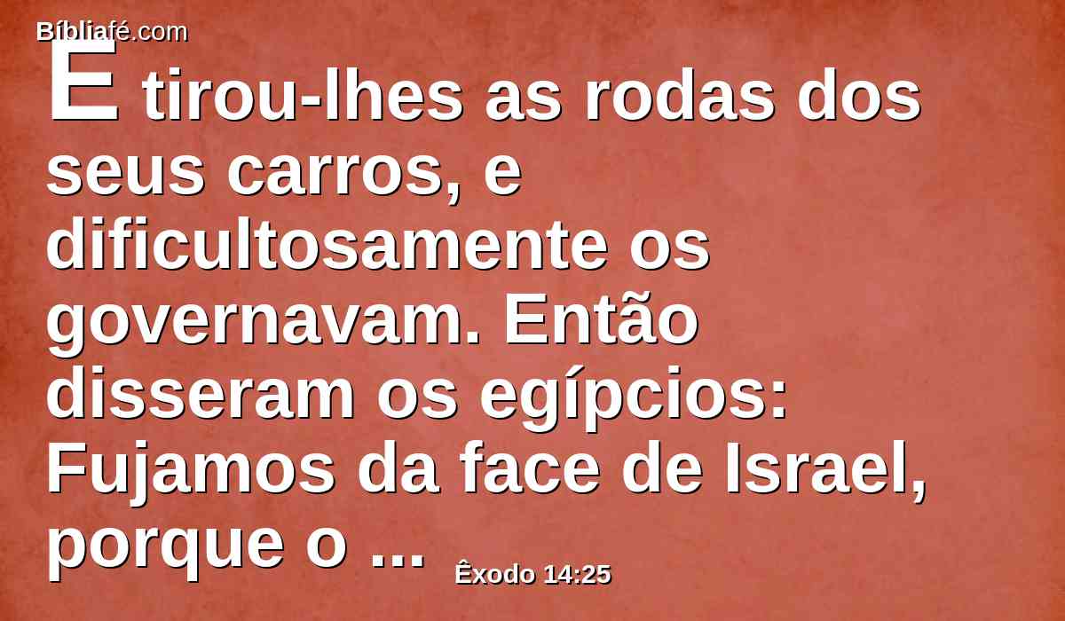 E tirou-lhes as rodas dos seus carros, e dificultosamente os governavam. Então disseram os egípcios: Fujamos da face de Israel, porque o Senhor por eles peleja contra os egípcios.