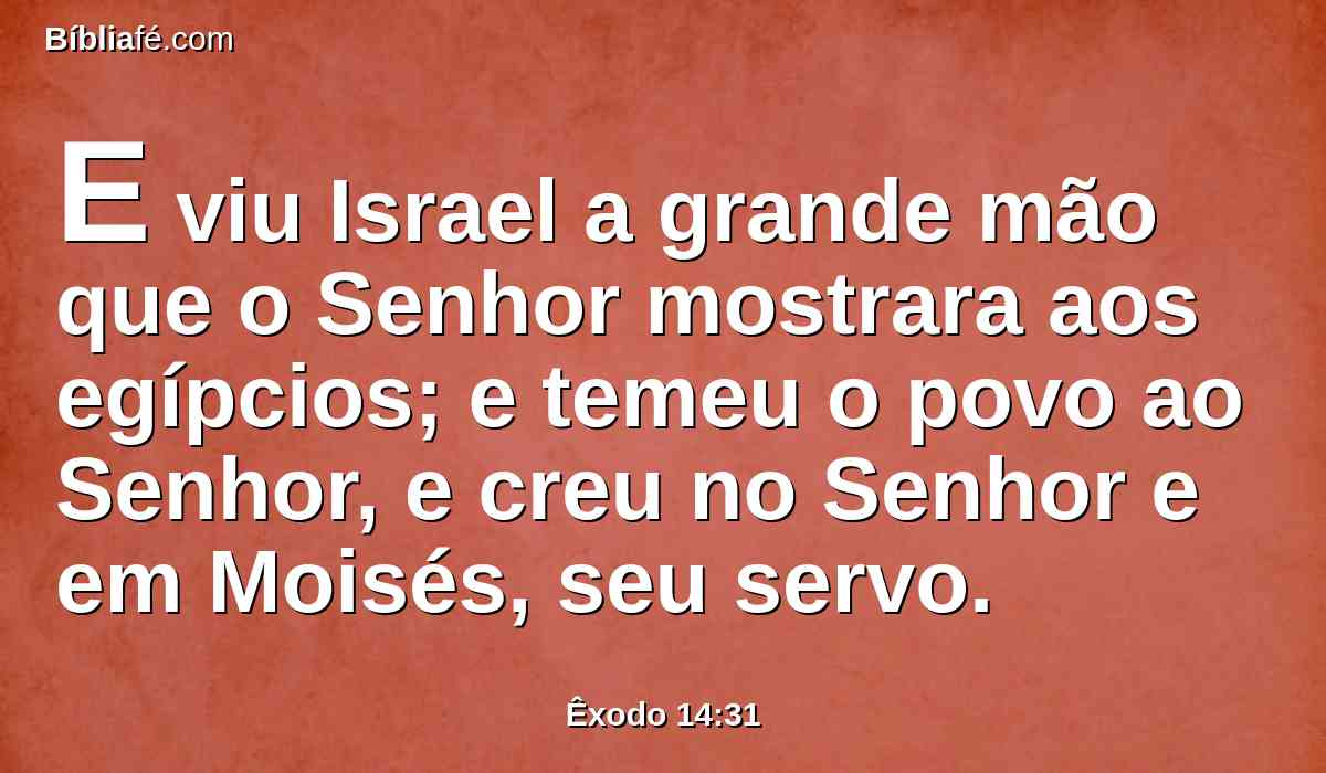 E viu Israel a grande mão que o Senhor mostrara aos egípcios; e temeu o povo ao Senhor, e creu no Senhor e em Moisés, seu servo.