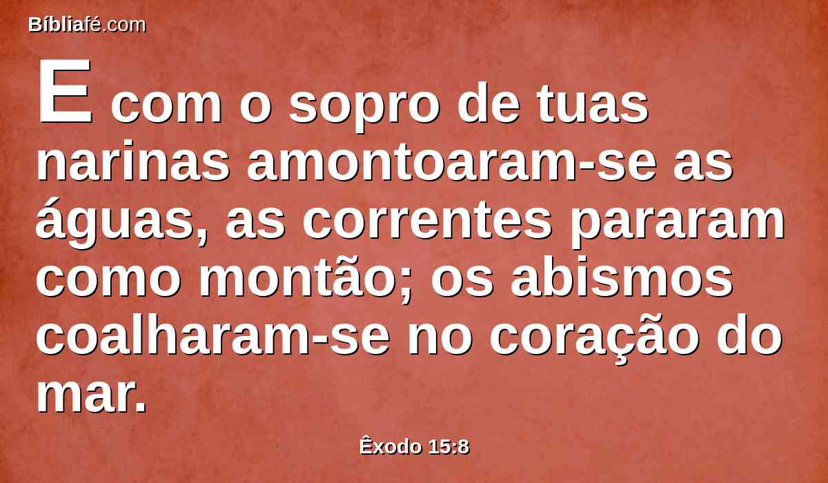 E com o sopro de tuas narinas amontoaram-se as águas, as correntes pararam como montão; os abismos coalharam-se no coração do mar.