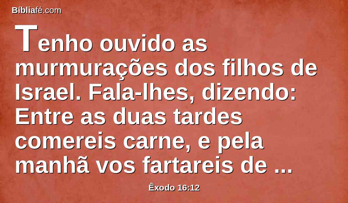 Tenho ouvido as murmurações dos filhos de Israel. Fala-lhes, dizendo: Entre as duas tardes comereis carne, e pela manhã vos fartareis de pão; e sabereis que eu sou o Senhor vosso Deus.