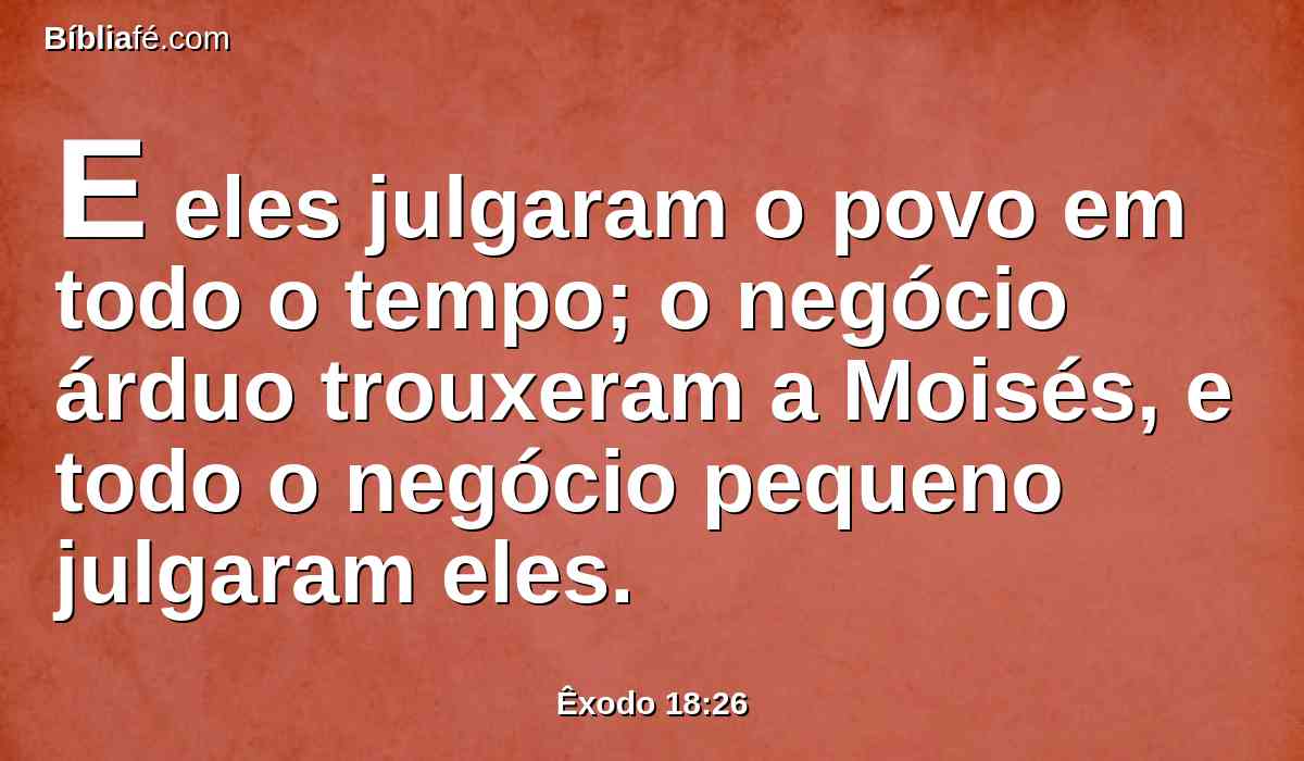 E eles julgaram o povo em todo o tempo; o negócio árduo trouxeram a Moisés, e todo o negócio pequeno julgaram eles.