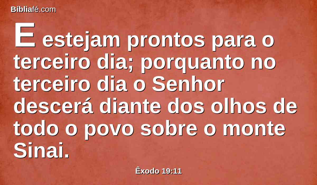 E estejam prontos para o terceiro dia; porquanto no terceiro dia o Senhor descerá diante dos olhos de todo o povo sobre o monte Sinai.