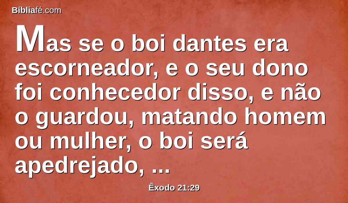 Mas se o boi dantes era escorneador, e o seu dono foi conhecedor disso, e não o guardou, matando homem ou mulher, o boi será apedrejado, e também o seu dono morrerá.