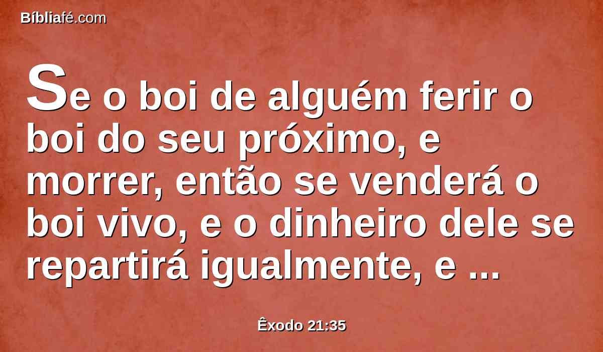 Se o boi de alguém ferir o boi do seu próximo, e morrer, então se venderá o boi vivo, e o dinheiro dele se repartirá igualmente, e também repartirão entre si o boi morto.