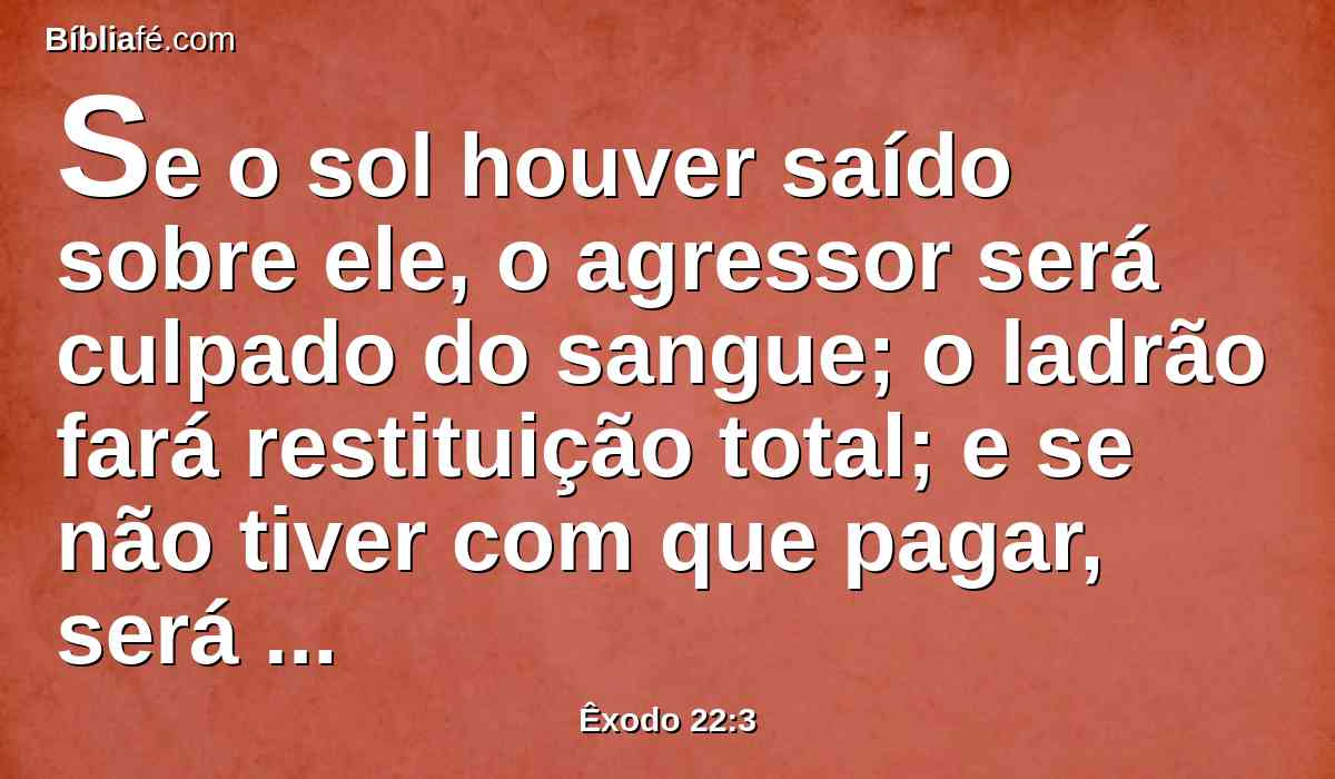 Se o sol houver saído sobre ele, o agressor será culpado do sangue; o ladrão fará restituição total; e se não tiver com que pagar, será vendido por seu furto.