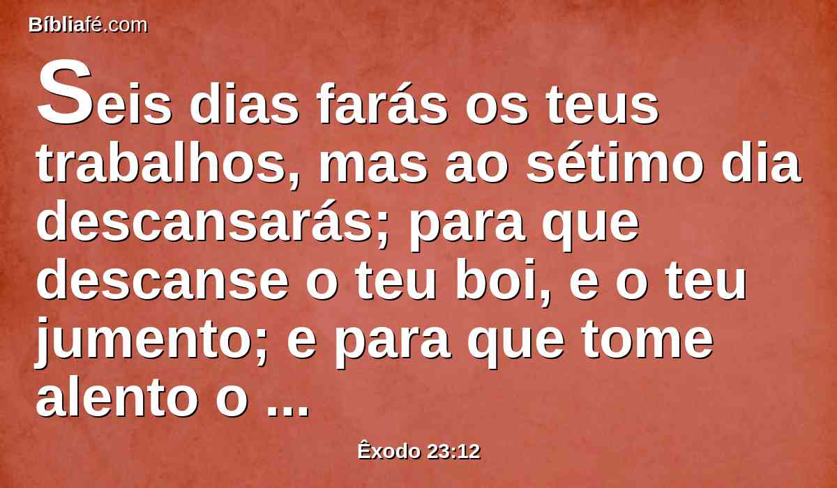 Seis dias farás os teus trabalhos, mas ao sétimo dia descansarás; para que descanse o teu boi, e o teu jumento; e para que tome alento o filho da tua escrava, e o estrangeiro.