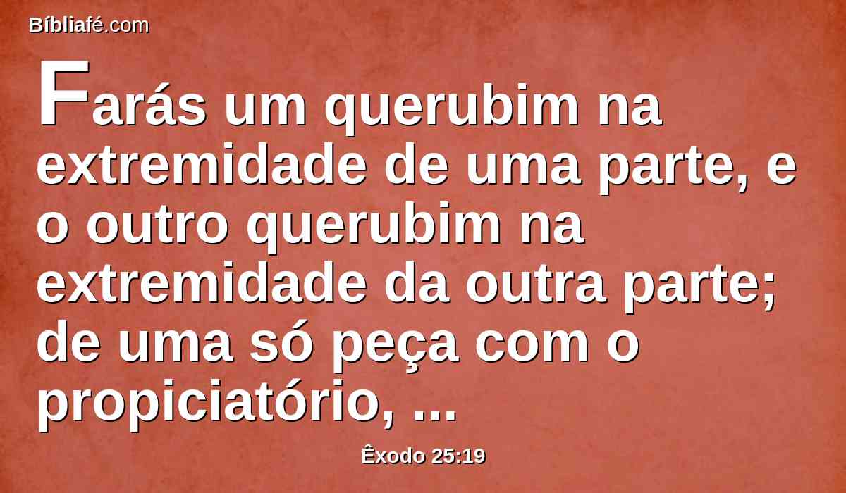 Farás um querubim na extremidade de uma parte, e o outro querubim na extremidade da outra parte; de uma só peça com o propiciatório, fareis os querubins nas duas extremidades dele.