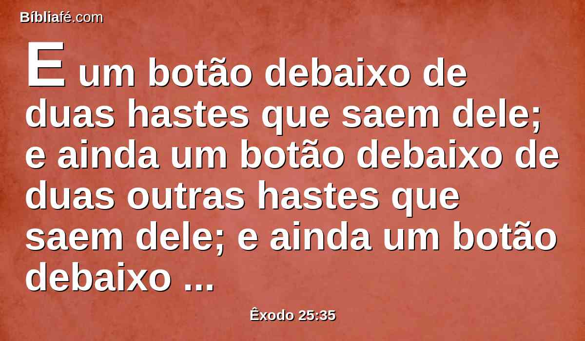 E um botão debaixo de duas hastes que saem dele; e ainda um botão debaixo de duas outras hastes que saem dele; e ainda um botão debaixo de duas outras hastes que saem dele; assim se fará com as seis hastes que saem do candelabro.