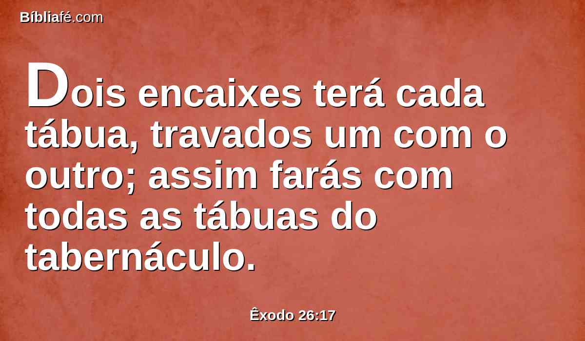 Dois encaixes terá cada tábua, travados um com o outro; assim farás com todas as tábuas do tabernáculo.