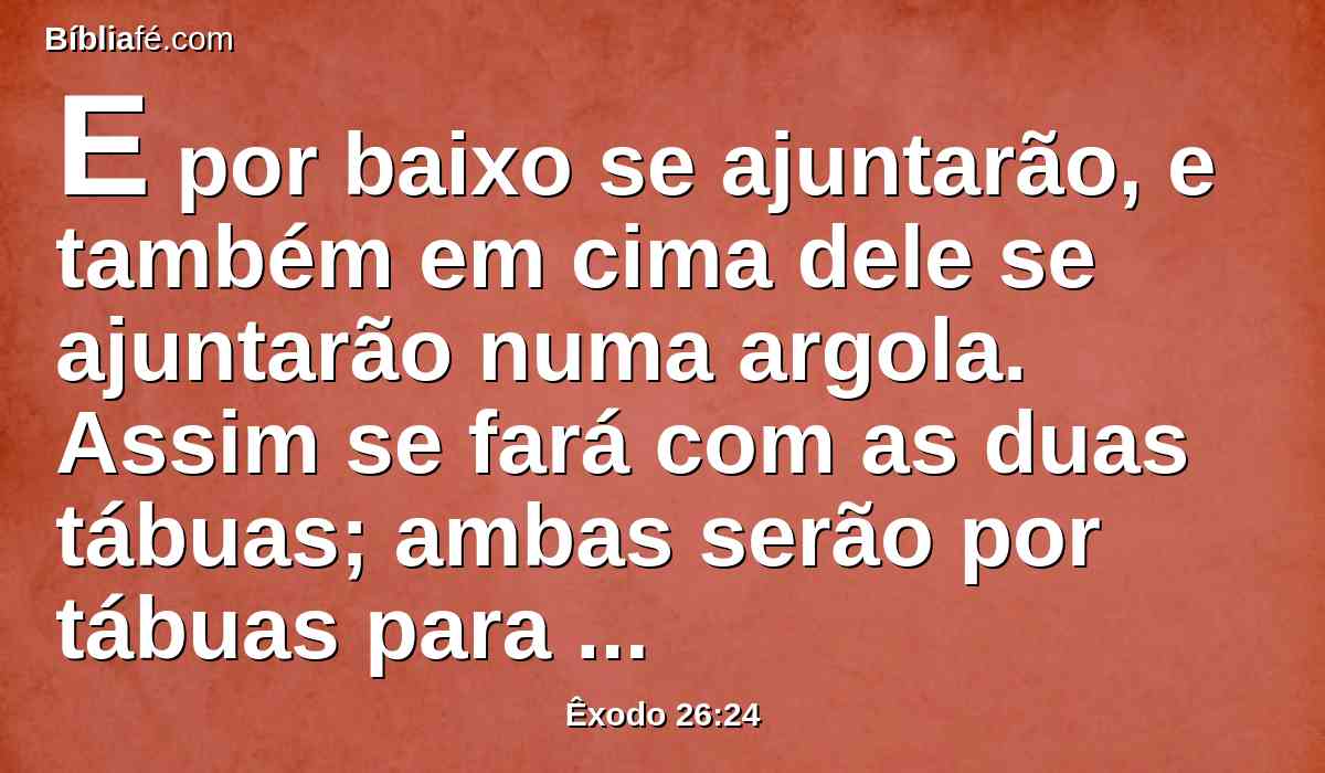 E por baixo se ajuntarão, e também em cima dele se ajuntarão numa argola. Assim se fará com as duas tábuas; ambas serão por tábuas para os dois cantos.