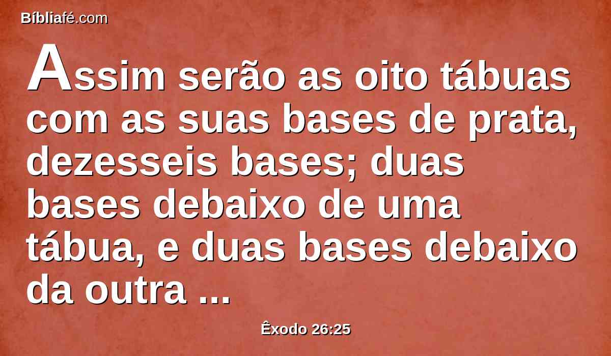 Assim serão as oito tábuas com as suas bases de prata, dezesseis bases; duas bases debaixo de uma tábua, e duas bases debaixo da outra tábua.