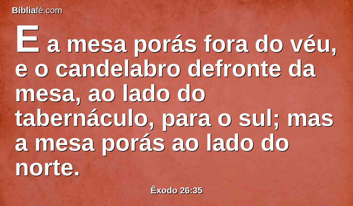 E a mesa porás fora do véu, e o candelabro defronte da mesa, ao lado do tabernáculo, para o sul; mas a mesa porás ao lado do norte.