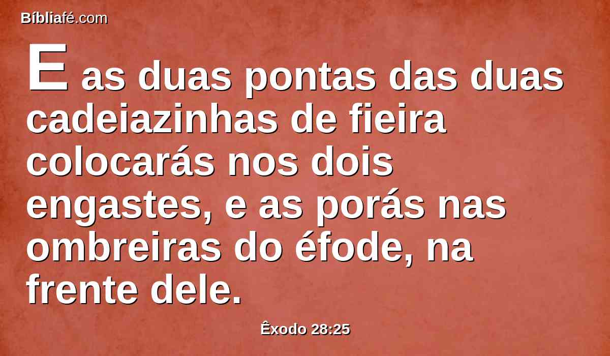 E as duas pontas das duas cadeiazinhas de fieira colocarás nos dois engastes, e as porás nas ombreiras do éfode, na frente dele.