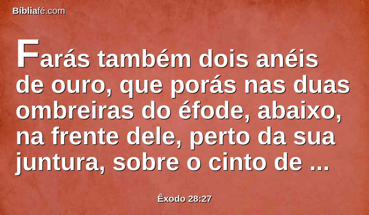 Farás também dois anéis de ouro, que porás nas duas ombreiras do éfode, abaixo, na frente dele, perto da sua juntura, sobre o cinto de obra esmerada do éfode.