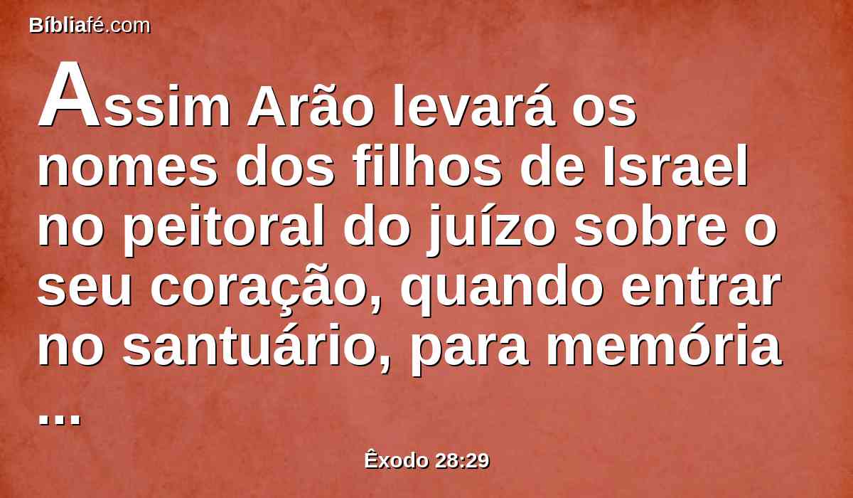 Assim Arão levará os nomes dos filhos de Israel no peitoral do juízo sobre o seu coração, quando entrar no santuário, para memória diante do Senhor continuamente.