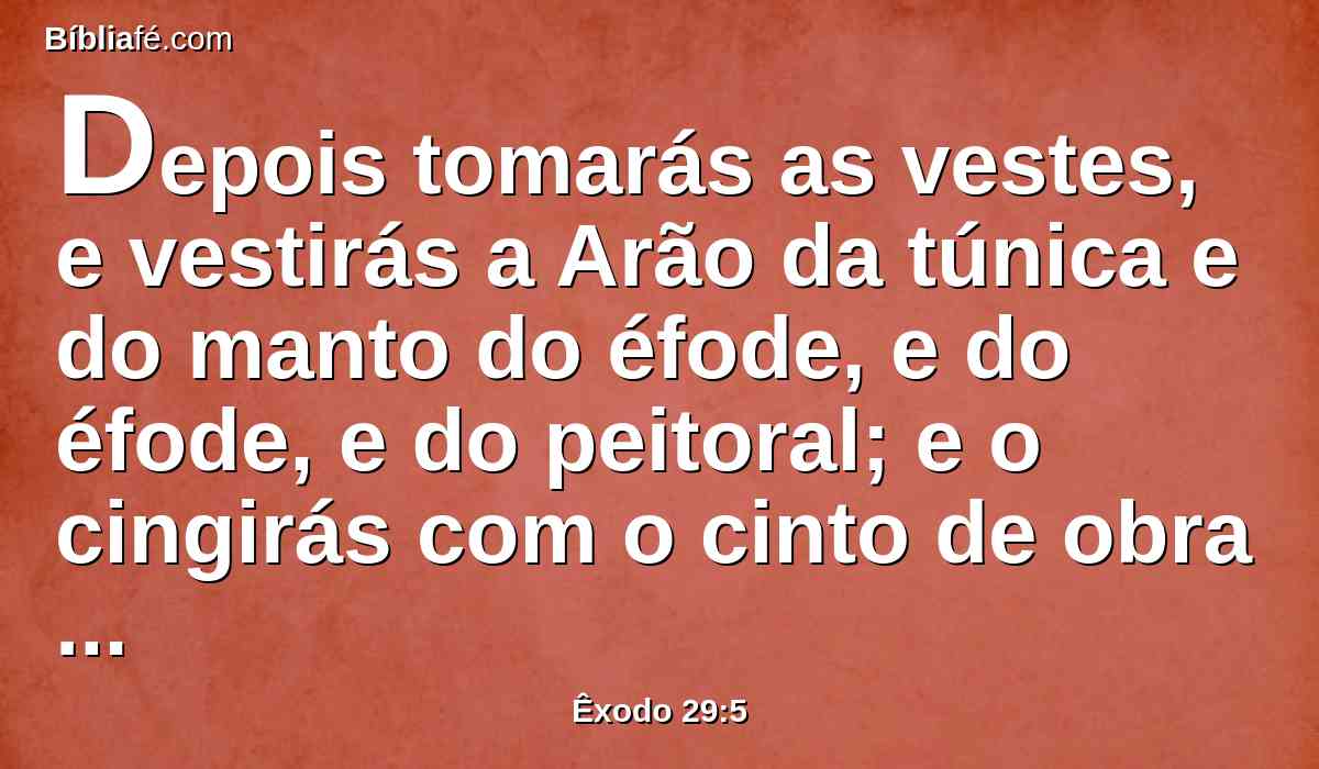 Depois tomarás as vestes, e vestirás a Arão da túnica e do manto do éfode, e do éfode, e do peitoral; e o cingirás com o cinto de obra de artífice do éfode.