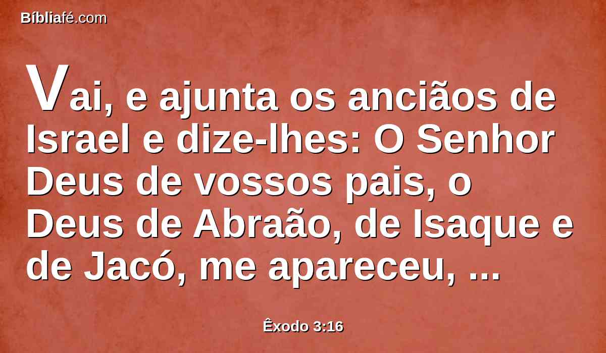 Vai, e ajunta os anciãos de Israel e dize-lhes: O Senhor Deus de vossos pais, o Deus de Abraão, de Isaque e de Jacó, me apareceu, dizendo: Certamente vos tenho visitado e visto o que vos é feito no Egito.