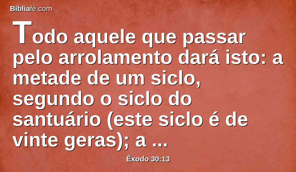 Todo aquele que passar pelo arrolamento dará isto: a metade de um siclo, segundo o siclo do santuário (este siclo é de vinte geras); a metade de um siclo é a oferta ao Senhor.