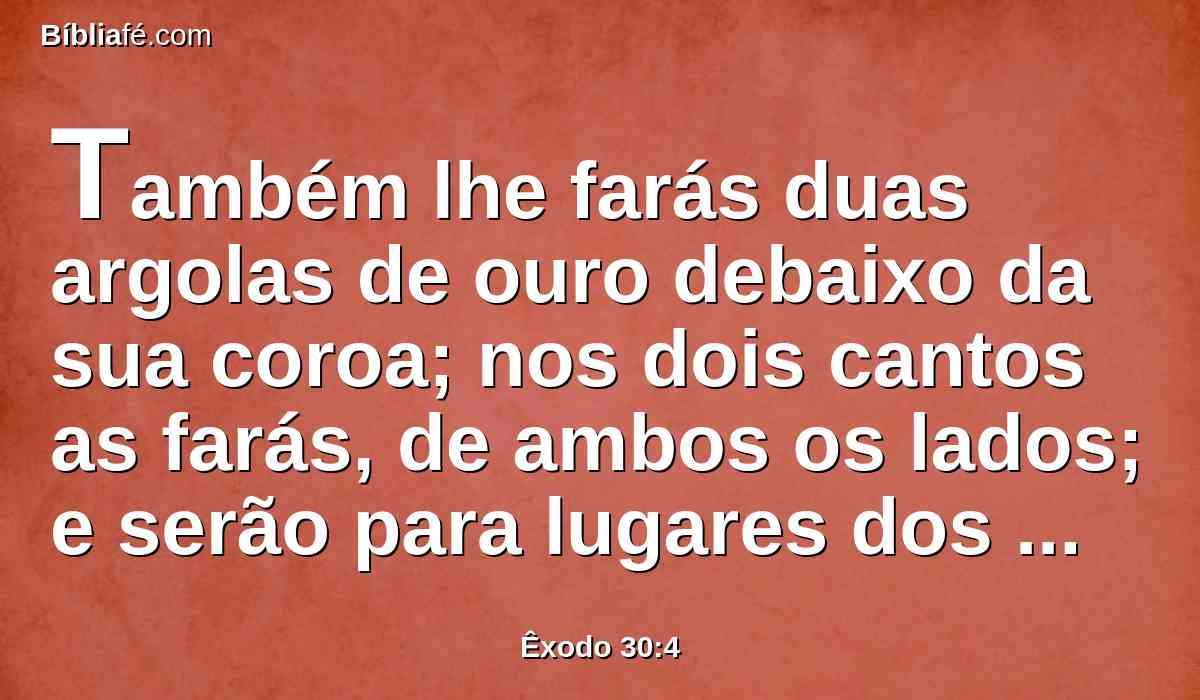 Também lhe farás duas argolas de ouro debaixo da sua coroa; nos dois cantos as farás, de ambos os lados; e serão para lugares dos varais, com que será levado.