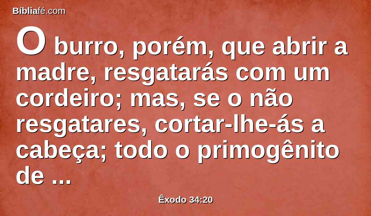 O burro, porém, que abrir a madre, resgatarás com um cordeiro; mas, se o não resgatares, cortar-lhe-ás a cabeça; todo o primogênito de teus filhos resgatarás. E ninguém aparecerá vazio diante de mim.