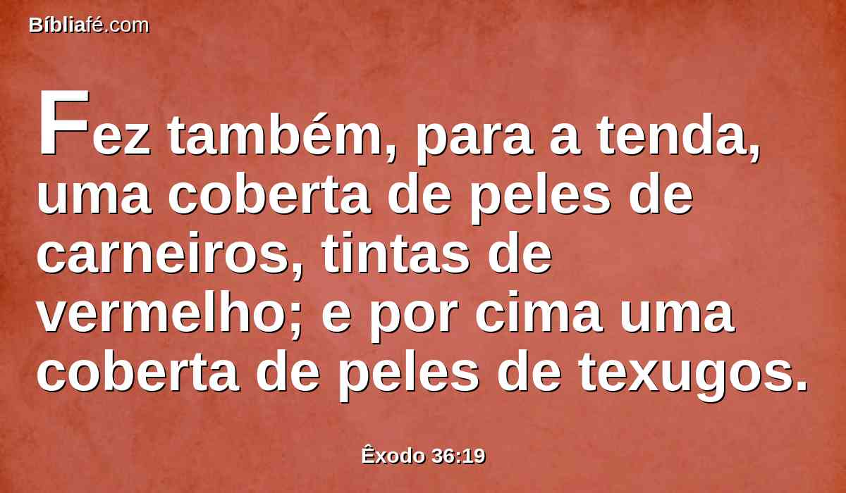 Fez também, para a tenda, uma coberta de peles de carneiros, tintas de vermelho; e por cima uma coberta de peles de texugos.