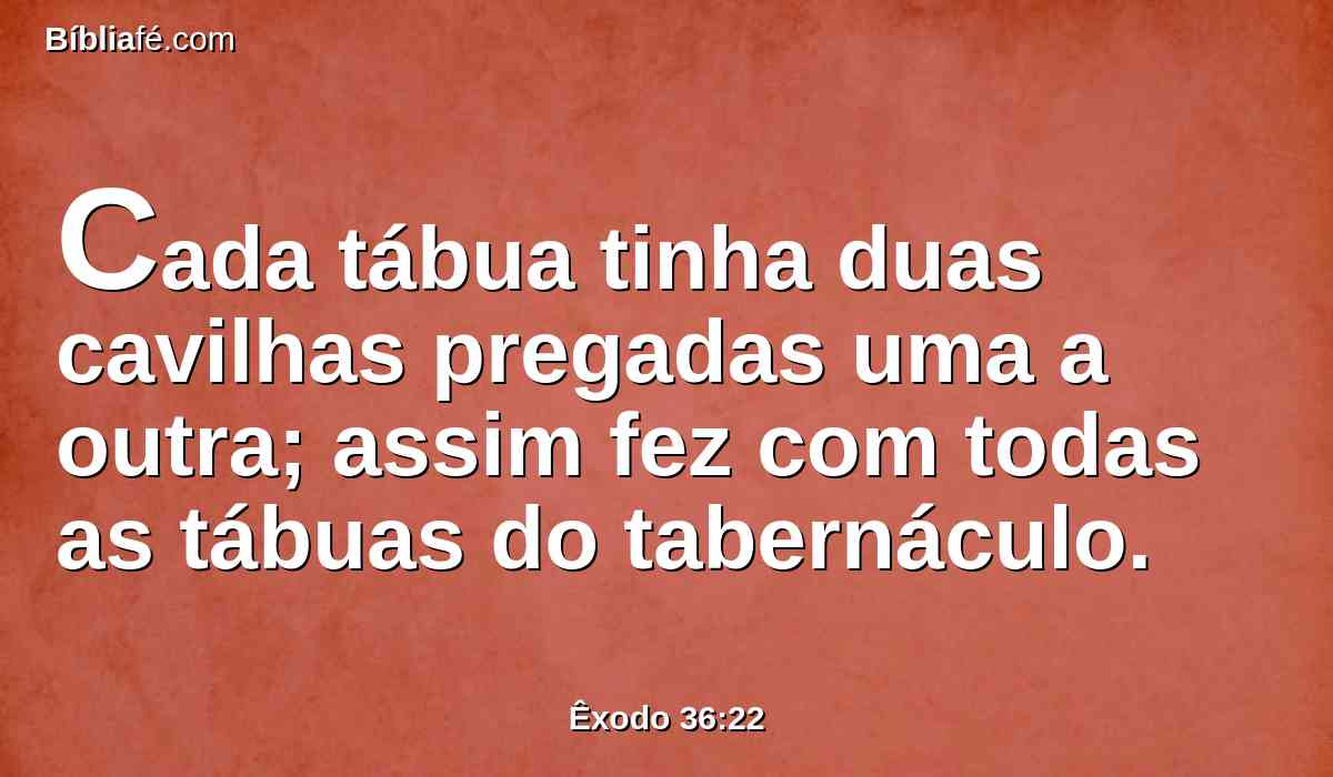 Cada tábua tinha duas cavilhas pregadas uma a outra; assim fez com todas as tábuas do tabernáculo.