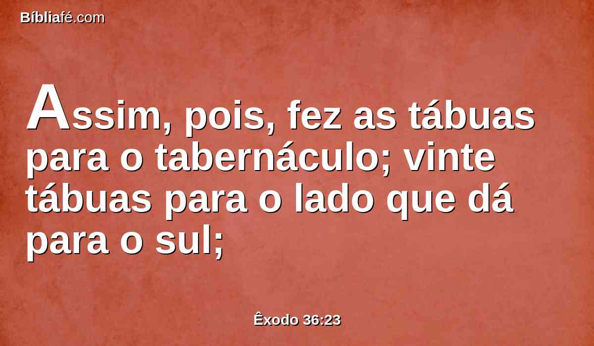 Assim, pois, fez as tábuas para o tabernáculo; vinte tábuas para o lado que dá para o sul;