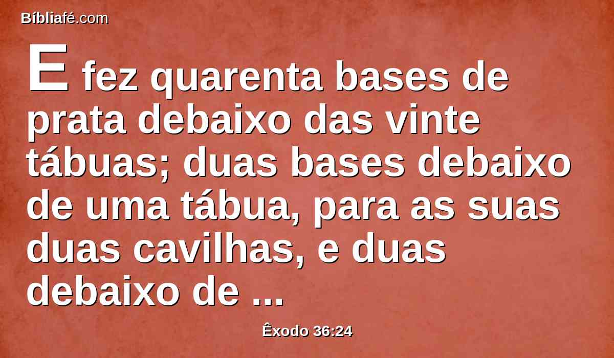 E fez quarenta bases de prata debaixo das vinte tábuas; duas bases debaixo de uma tábua, para as suas duas cavilhas, e duas debaixo de outra, para as suas duas cavilhas.