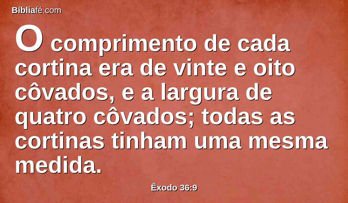 O comprimento de cada cortina era de vinte e oito côvados, e a largura de quatro côvados; todas as cortinas tinham uma mesma medida.