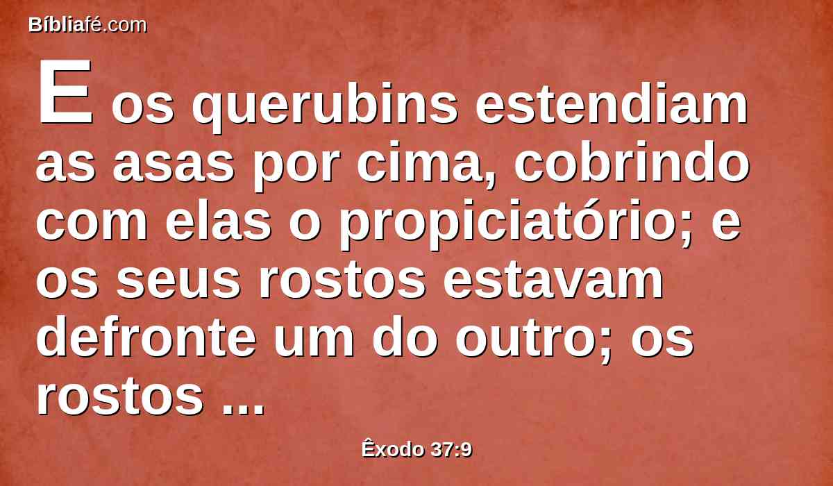 E os querubins estendiam as asas por cima, cobrindo com elas o propiciatório; e os seus rostos estavam defronte um do outro; os rostos dos querubins estavam virados para o propiciatório.