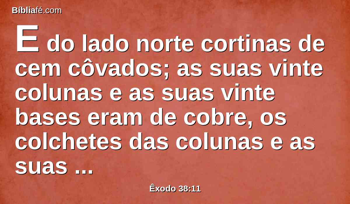 E do lado norte cortinas de cem côvados; as suas vinte colunas e as suas vinte bases eram de cobre, os colchetes das colunas e as suas molduras eram de prata.