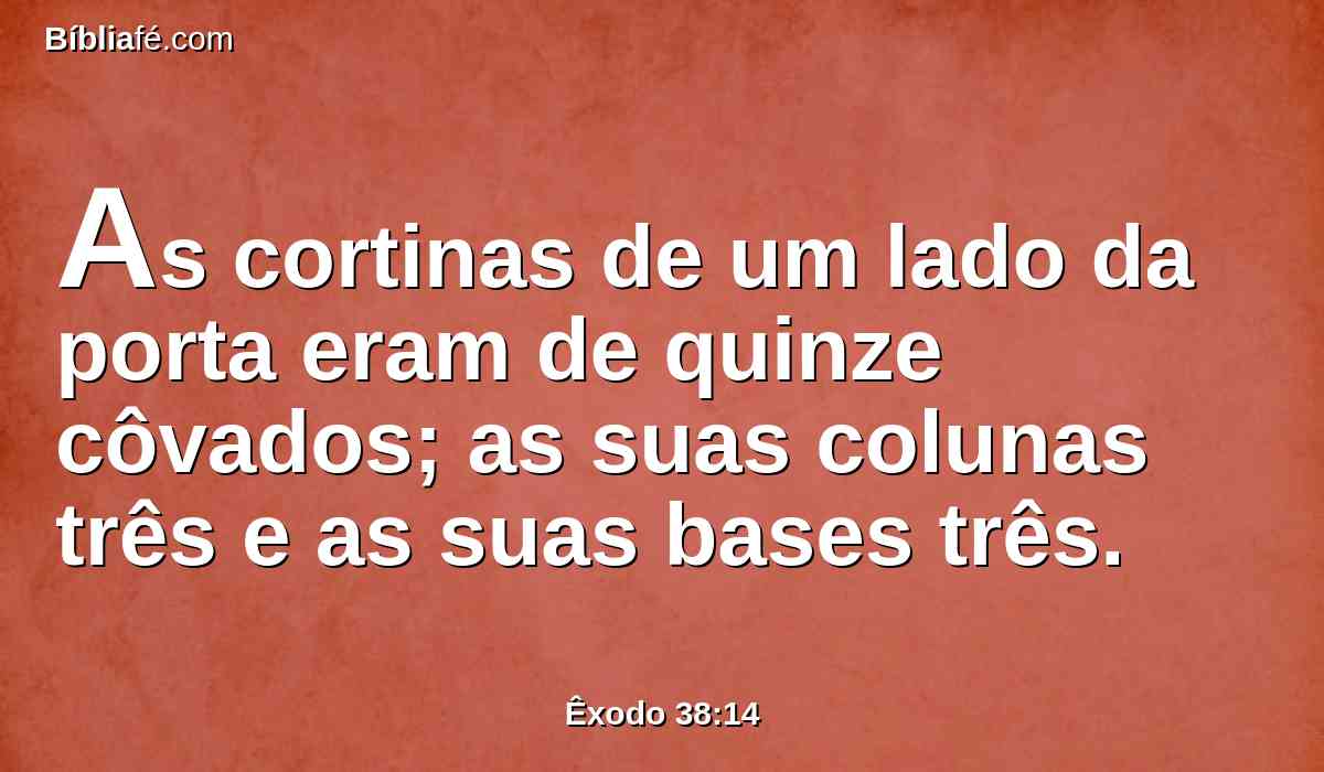 As cortinas de um lado da porta eram de quinze côvados; as suas colunas três e as suas bases três.