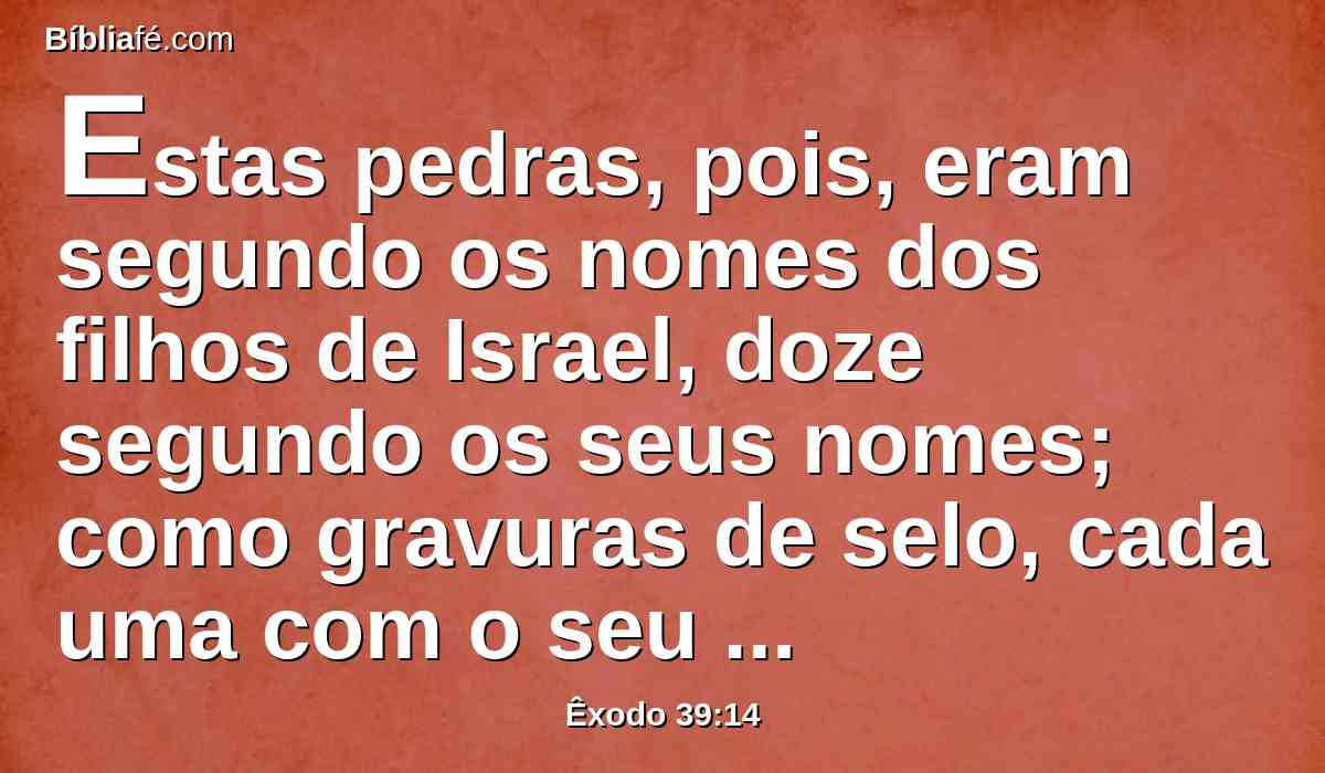 Estas pedras, pois, eram segundo os nomes dos filhos de Israel, doze segundo os seus nomes; como gravuras de selo, cada uma com o seu nome, segundo as doze tribos.